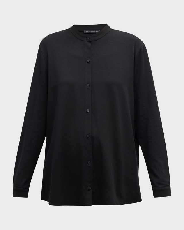 Band-Collar Button-Down Jersey Shirt
